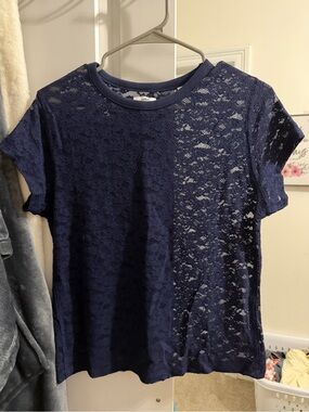 aerie Navy Floral Lace Short Sleeve Tee